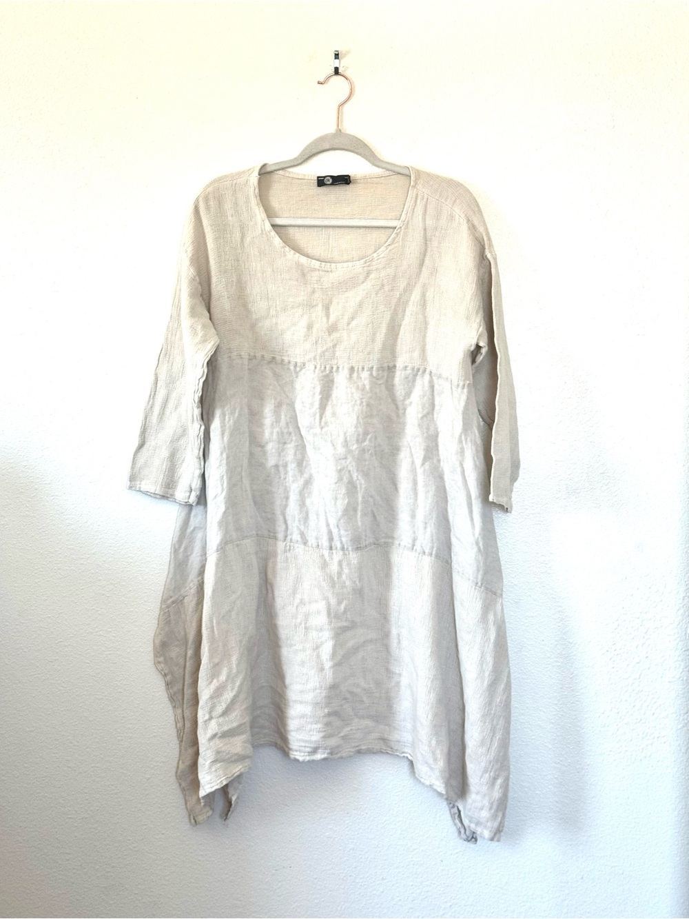 M Made In Italy Beige Linen Eyelet Hem Popover  Dress Lagenlook L *flaw
